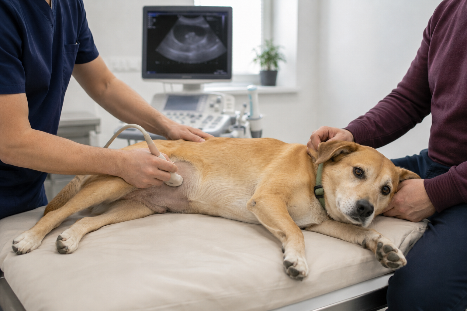 Veterinář provádí ultrazvuk prostaty u klidně ležícího staršího psa